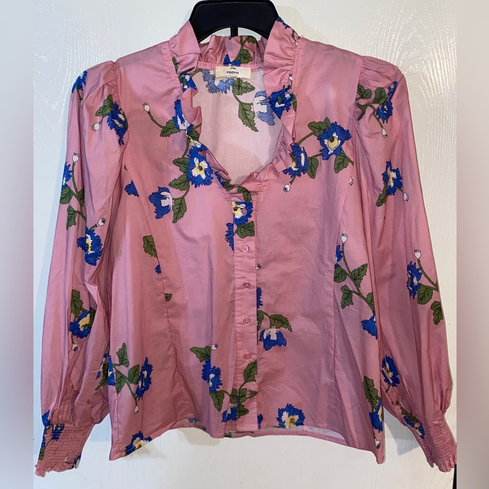 Entro Pink Blouse with Blue Floral Design